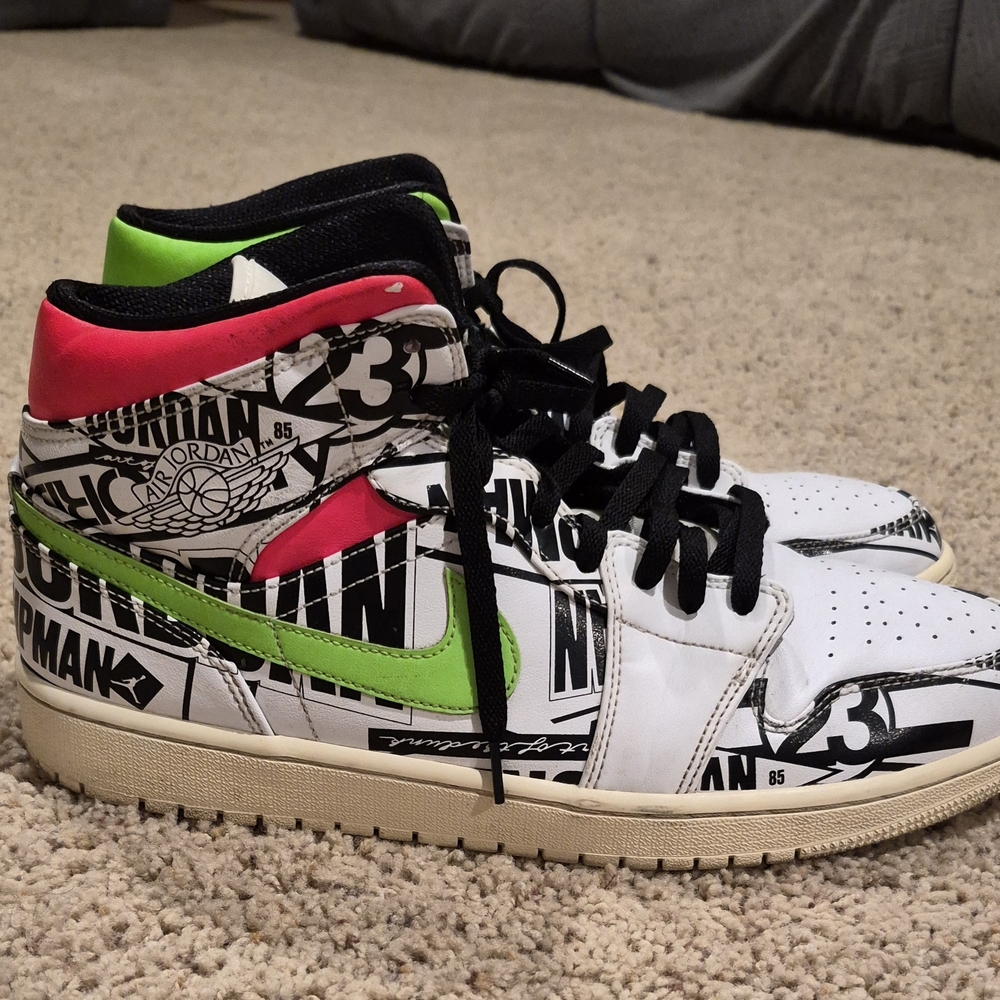 Jordan Men’s Mid-Top Sneakers in White, Black, Neon Green & Hot Pink - Picture 2 of 7
